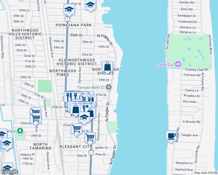map of restaurants, bars, coffee shops, grocery stores, and more near 2835 North Flagler Drive in West Palm Beach