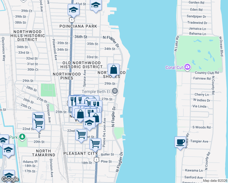 map of restaurants, bars, coffee shops, grocery stores, and more near 2835 North Flagler Drive in West Palm Beach