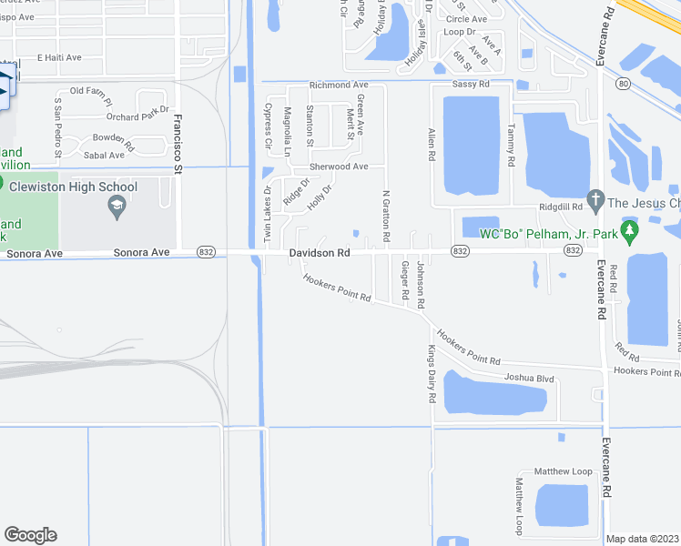 map of restaurants, bars, coffee shops, grocery stores, and more near 1239 Hookers Point Road in Clewiston