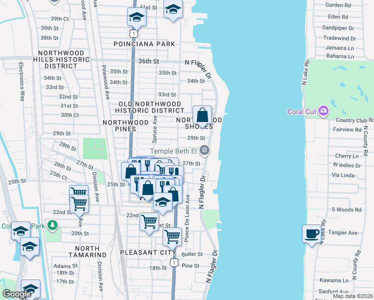 map of restaurants, bars, coffee shops, grocery stores, and more near 310 28th Street in West Palm Beach