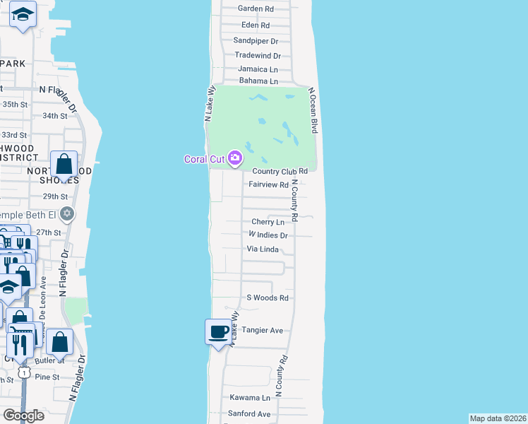 map of restaurants, bars, coffee shops, grocery stores, and more near 240 El Dorado Lane in Palm Beach