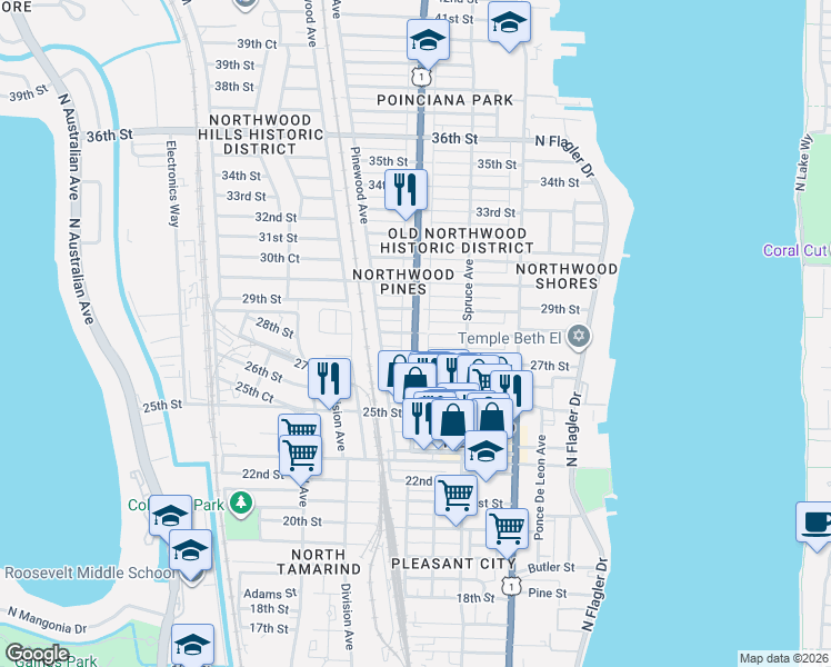 map of restaurants, bars, coffee shops, grocery stores, and more near 2800 Broadway Avenue in West Palm Beach