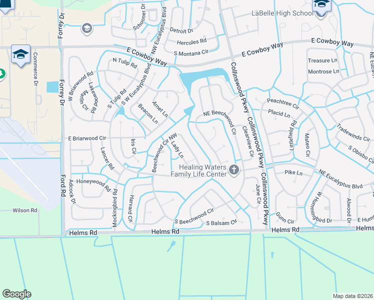 map of restaurants, bars, coffee shops, grocery stores, and more near 3028 Beechwood Circle Northwest in LaBelle