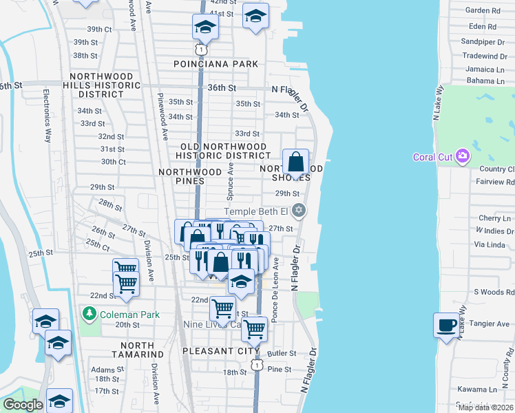 map of restaurants, bars, coffee shops, grocery stores, and more near 416 28th Street in West Palm Beach