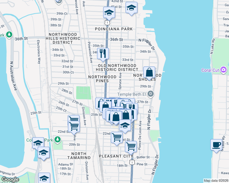 map of restaurants, bars, coffee shops, grocery stores, and more near 502 28th Street in West Palm Beach