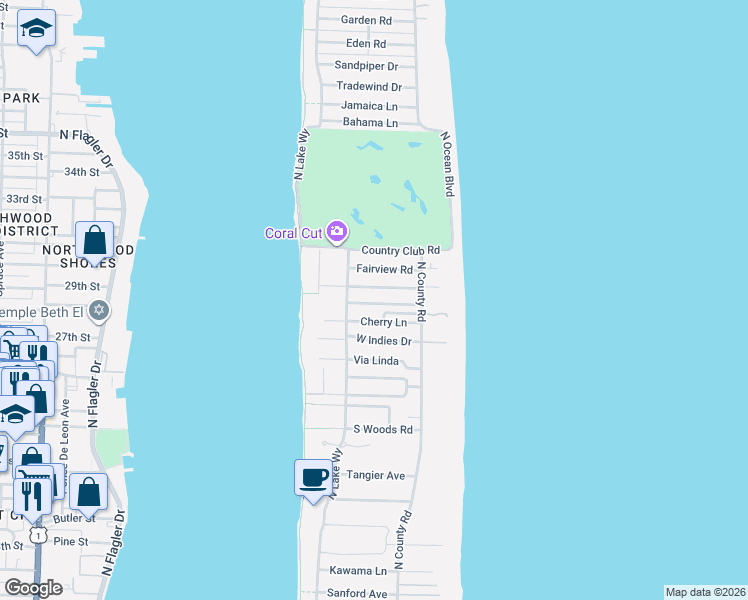 map of restaurants, bars, coffee shops, grocery stores, and more near 240 El Dorado Lane in Palm Beach