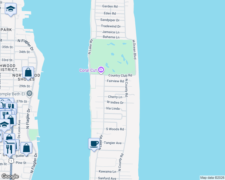 map of restaurants, bars, coffee shops, grocery stores, and more near 241 El Dorado Lane in Palm Beach