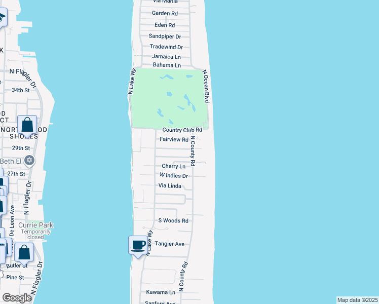 map of restaurants, bars, coffee shops, grocery stores, and more near 710 North County Road in Palm Beach