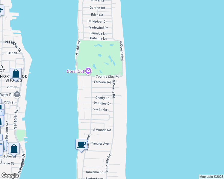 map of restaurants, bars, coffee shops, grocery stores, and more near 200 El Dorado Lane in Palm Beach