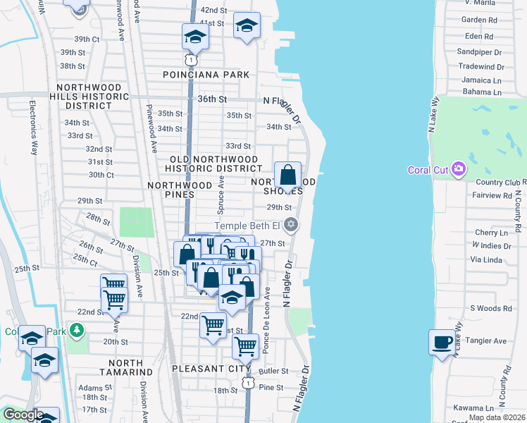 map of restaurants, bars, coffee shops, grocery stores, and more near 310 28th Street in West Palm Beach