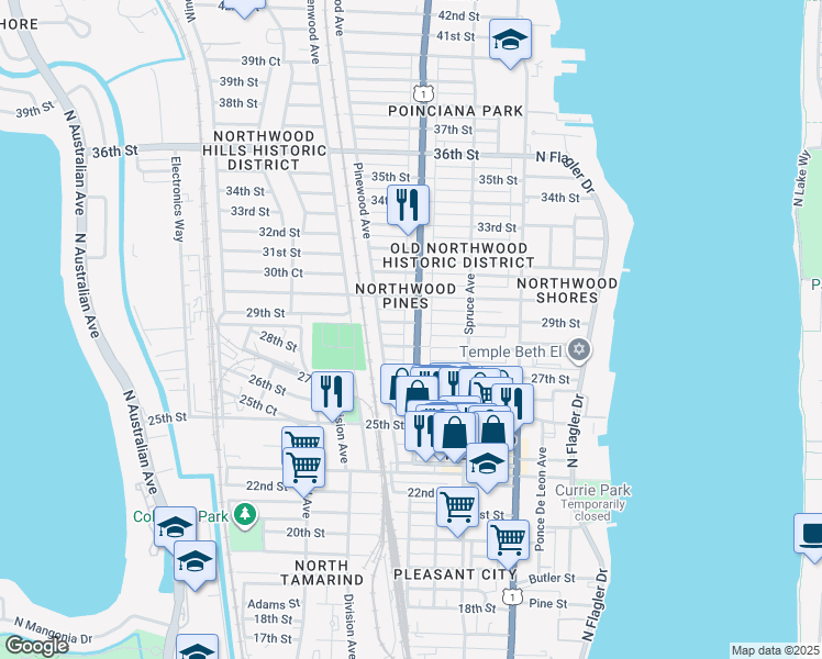 map of restaurants, bars, coffee shops, grocery stores, and more near 538 28th Street in West Palm Beach
