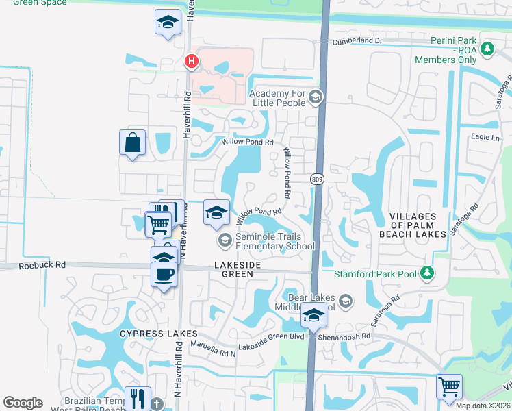 map of restaurants, bars, coffee shops, grocery stores, and more near 4265 Willow Brook Circle in West Palm Beach