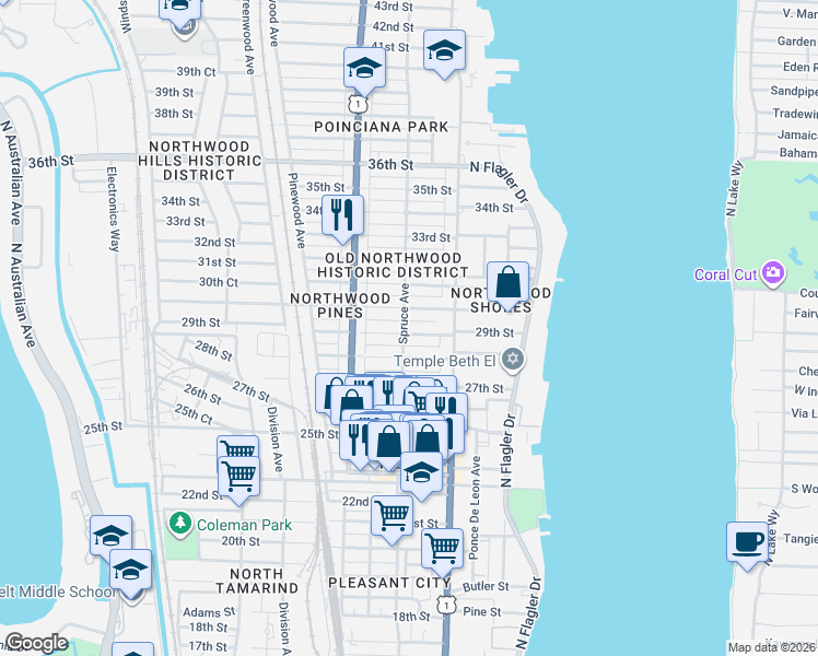map of restaurants, bars, coffee shops, grocery stores, and more near 445 29th Street in West Palm Beach