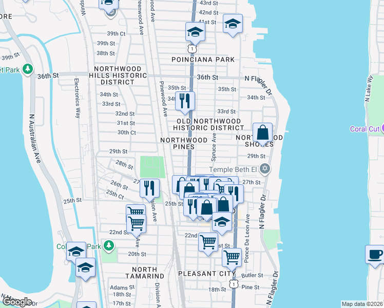 map of restaurants, bars, coffee shops, grocery stores, and more near 3008 Broadway Avenue in West Palm Beach