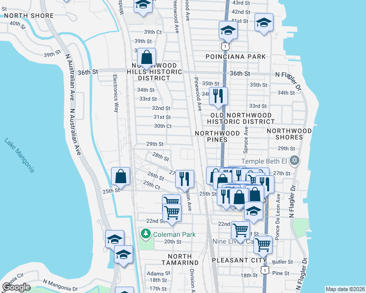 map of restaurants, bars, coffee shops, grocery stores, and more near 801 29th Street in West Palm Beach