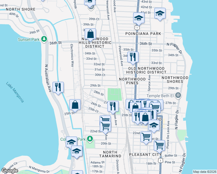 map of restaurants, bars, coffee shops, grocery stores, and more near 841 29th Street in West Palm Beach
