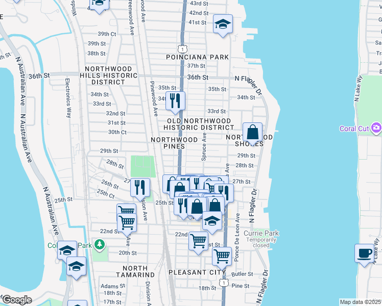 map of restaurants, bars, coffee shops, grocery stores, and more near 3008 Broadway Avenue in West Palm Beach