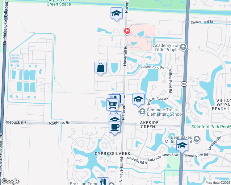 map of restaurants, bars, coffee shops, grocery stores, and more near 5114 Ashley River Road in West Palm Beach