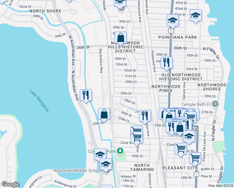 map of restaurants, bars, coffee shops, grocery stores, and more near 957 29th Street in West Palm Beach