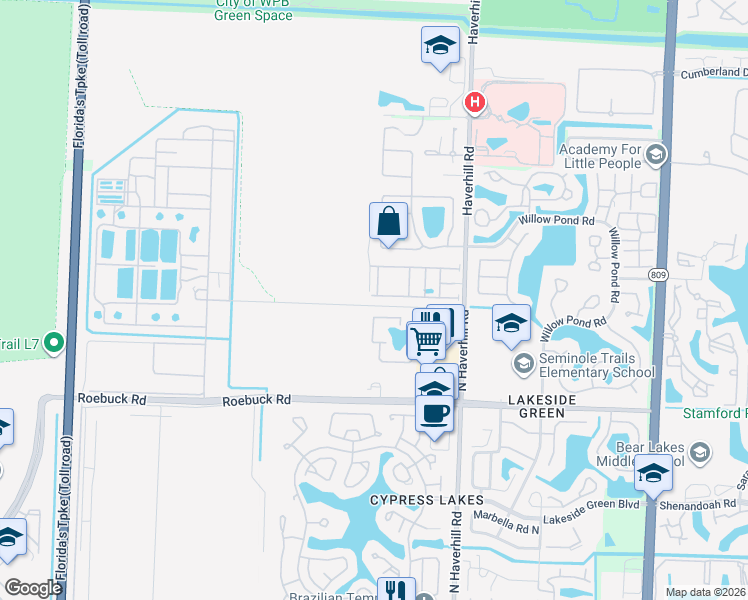 map of restaurants, bars, coffee shops, grocery stores, and more near 4305 Maybelle Lane in West Palm Beach