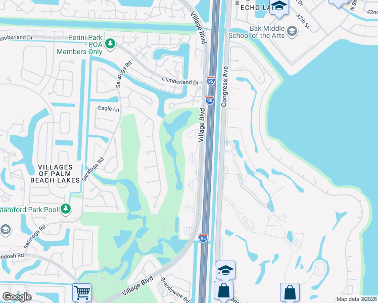 map of restaurants, bars, coffee shops, grocery stores, and more near 3501 Village Boulevard in West Palm Beach