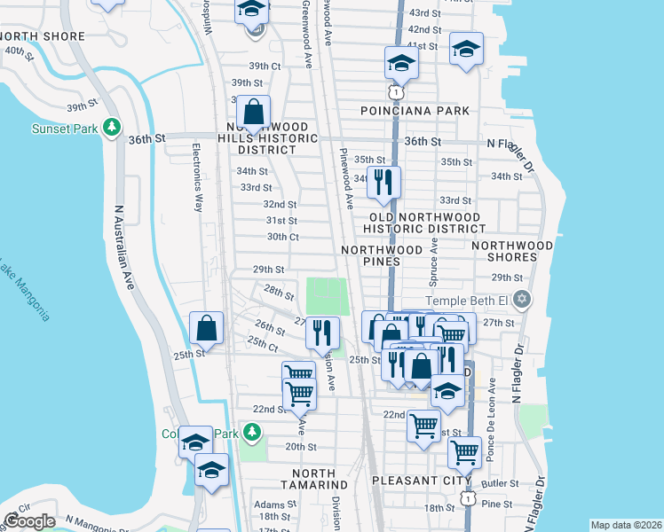 map of restaurants, bars, coffee shops, grocery stores, and more near 801 29th Street in West Palm Beach