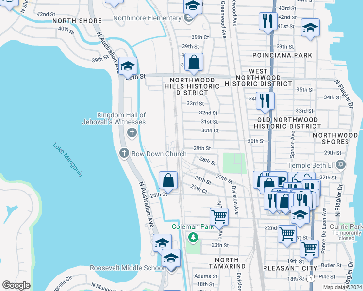 map of restaurants, bars, coffee shops, grocery stores, and more near 957 29th Street in West Palm Beach