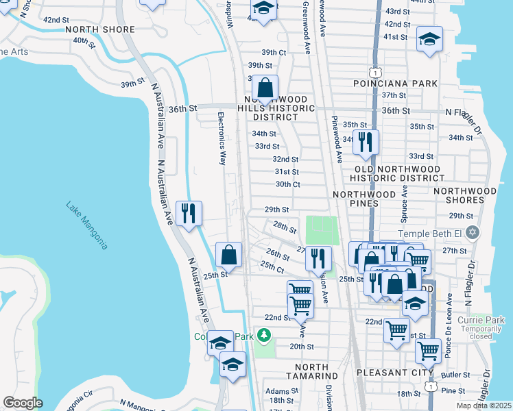 map of restaurants, bars, coffee shops, grocery stores, and more near 957 29th Street in West Palm Beach