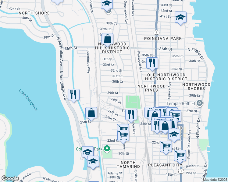 map of restaurants, bars, coffee shops, grocery stores, and more near 913 29th Street in West Palm Beach