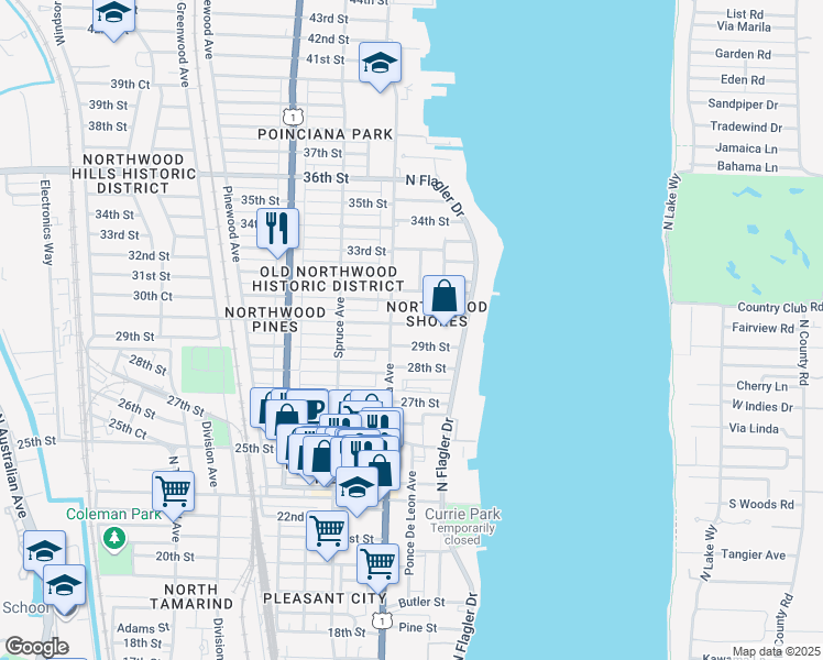 map of restaurants, bars, coffee shops, grocery stores, and more near 304 30th Street in West Palm Beach