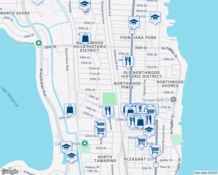map of restaurants, bars, coffee shops, grocery stores, and more near 801 29th Street in West Palm Beach