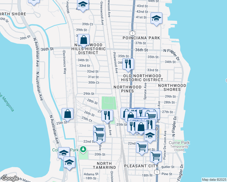 map of restaurants, bars, coffee shops, grocery stores, and more near 801 29th Street in West Palm Beach