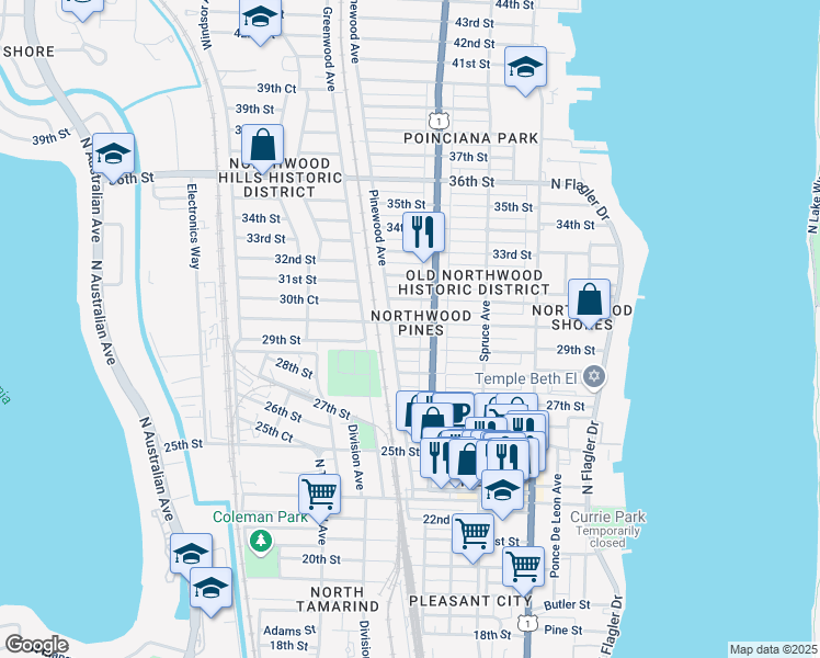 map of restaurants, bars, coffee shops, grocery stores, and more near 626 30th Street in West Palm Beach