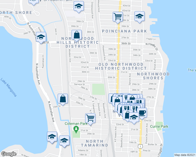 map of restaurants, bars, coffee shops, grocery stores, and more near 801 29th Street in West Palm Beach