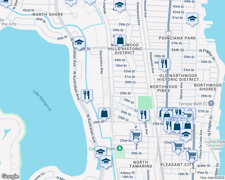 map of restaurants, bars, coffee shops, grocery stores, and more near 957 29th Street in West Palm Beach