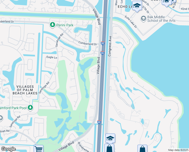 map of restaurants, bars, coffee shops, grocery stores, and more near 3501 Village Boulevard in West Palm Beach