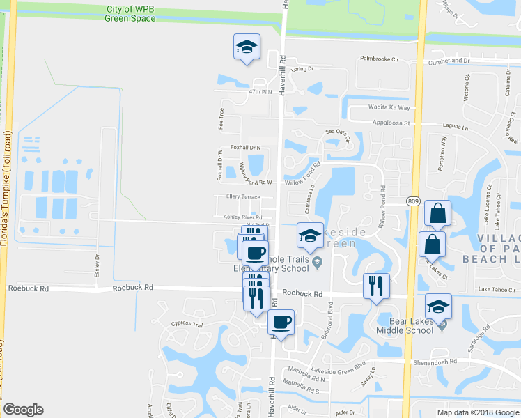 map of restaurants, bars, coffee shops, grocery stores, and more near Chalmers Lane in West Palm Beach