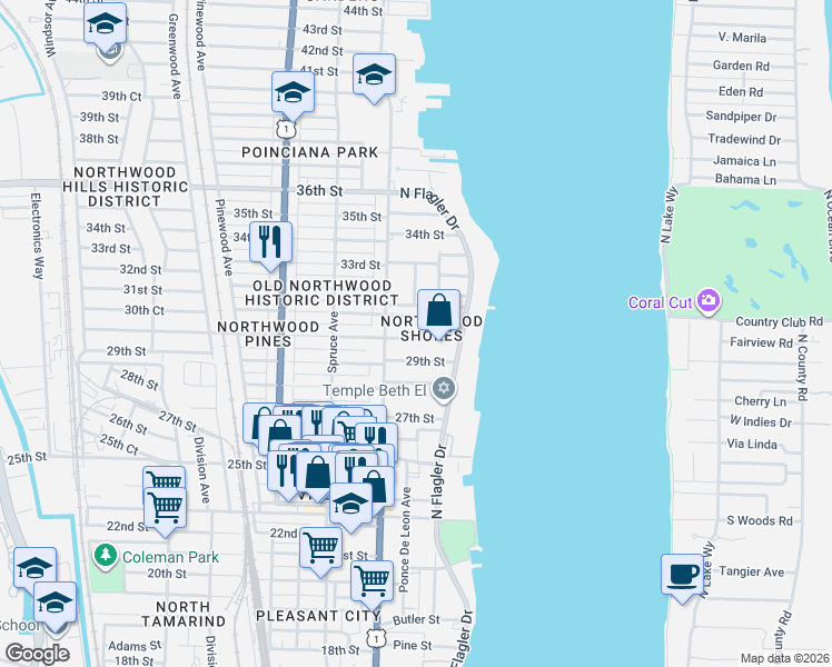 map of restaurants, bars, coffee shops, grocery stores, and more near 304 30th Street in West Palm Beach