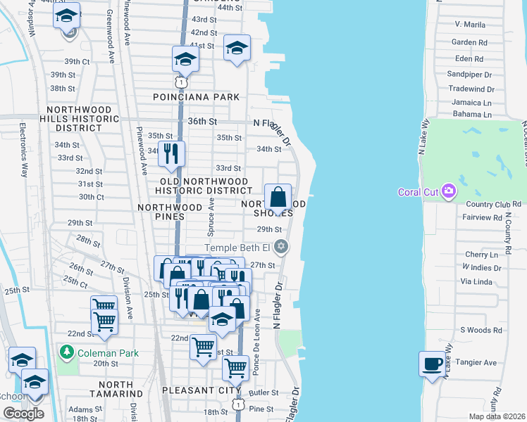 map of restaurants, bars, coffee shops, grocery stores, and more near 304 30th Street in West Palm Beach