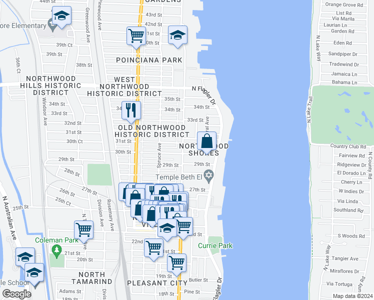 map of restaurants, bars, coffee shops, grocery stores, and more near 304 30th Street in West Palm Beach