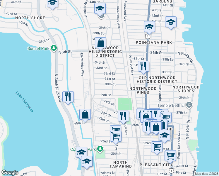 map of restaurants, bars, coffee shops, grocery stores, and more near 913 29th Street in West Palm Beach