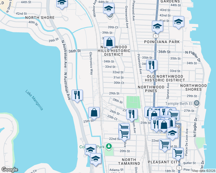 map of restaurants, bars, coffee shops, grocery stores, and more near 957 29th Street in West Palm Beach