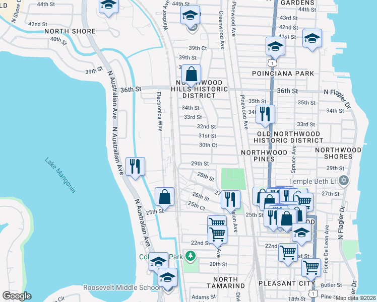 map of restaurants, bars, coffee shops, grocery stores, and more near 957 29th Street in West Palm Beach