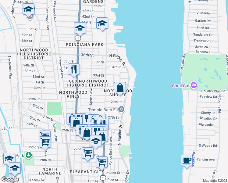 map of restaurants, bars, coffee shops, grocery stores, and more near 244 31st Street in West Palm Beach