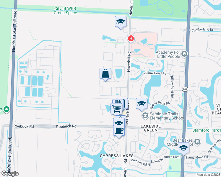 map of restaurants, bars, coffee shops, grocery stores, and more near 5150 Foxhall Drive South in West Palm Beach