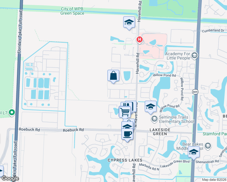 map of restaurants, bars, coffee shops, grocery stores, and more near 5150 Foxhall Drive South in West Palm Beach