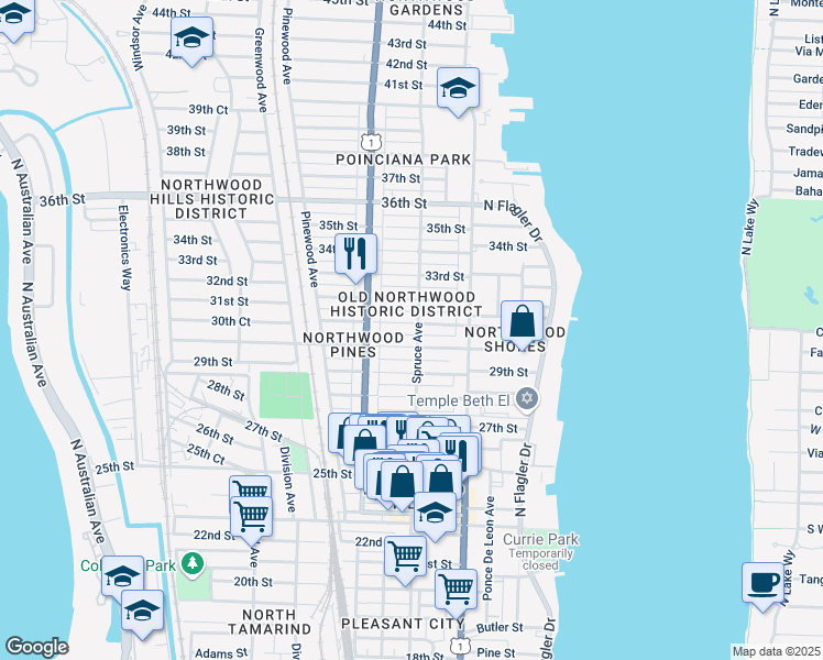 map of restaurants, bars, coffee shops, grocery stores, and more near in West Palm Beach