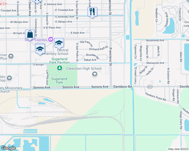map of restaurants, bars, coffee shops, grocery stores, and more near 1501 South Francisco Street in Clewiston