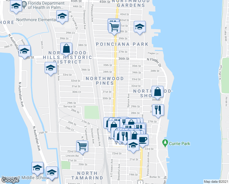 map of restaurants, bars, coffee shops, grocery stores, and more near 3198 Broadway in West Palm Beach