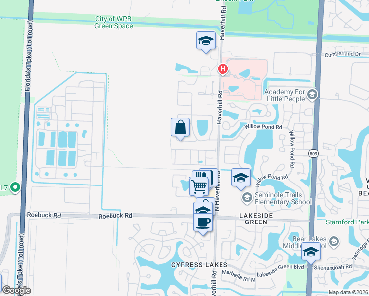 map of restaurants, bars, coffee shops, grocery stores, and more near 5150 Foxhall Drive South in West Palm Beach